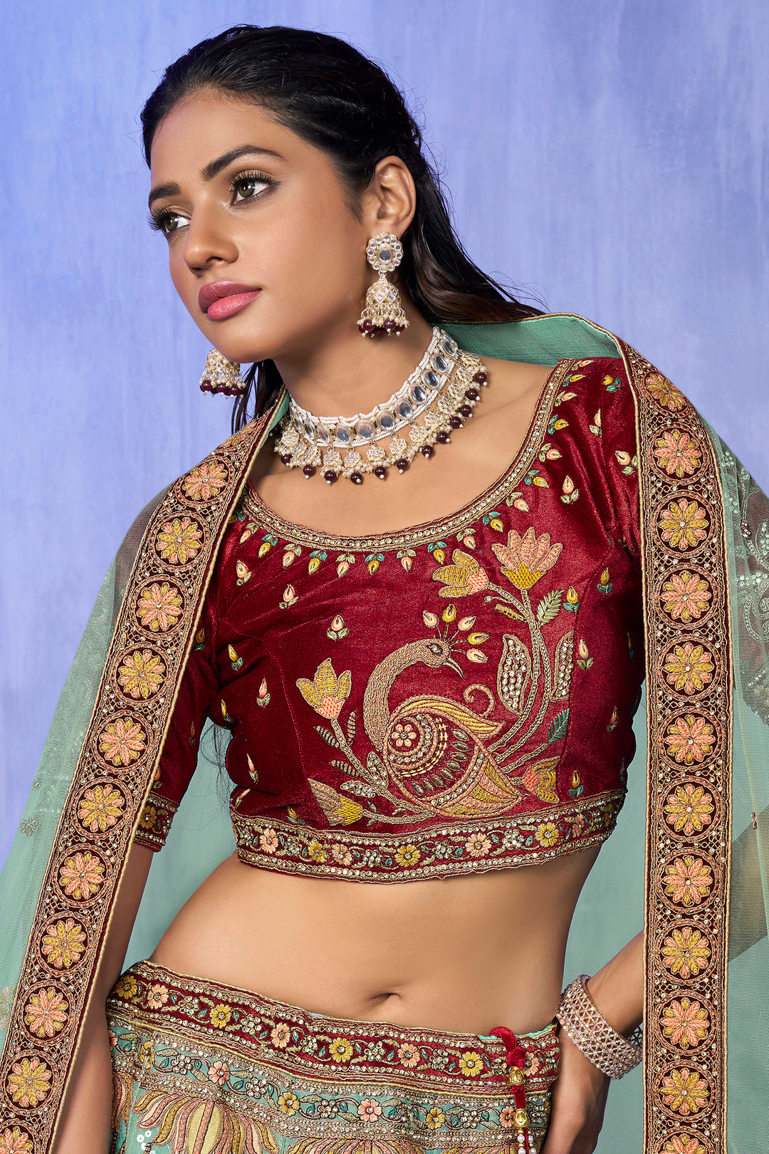 Velvet Lehenga Choli Set | Embroidered Party Wear Lehenga for Wedding