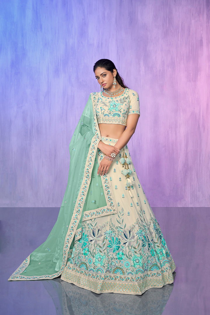 Off White Georgette Kalidar Lehenga Choli Set | Embroidered Wedding Wear