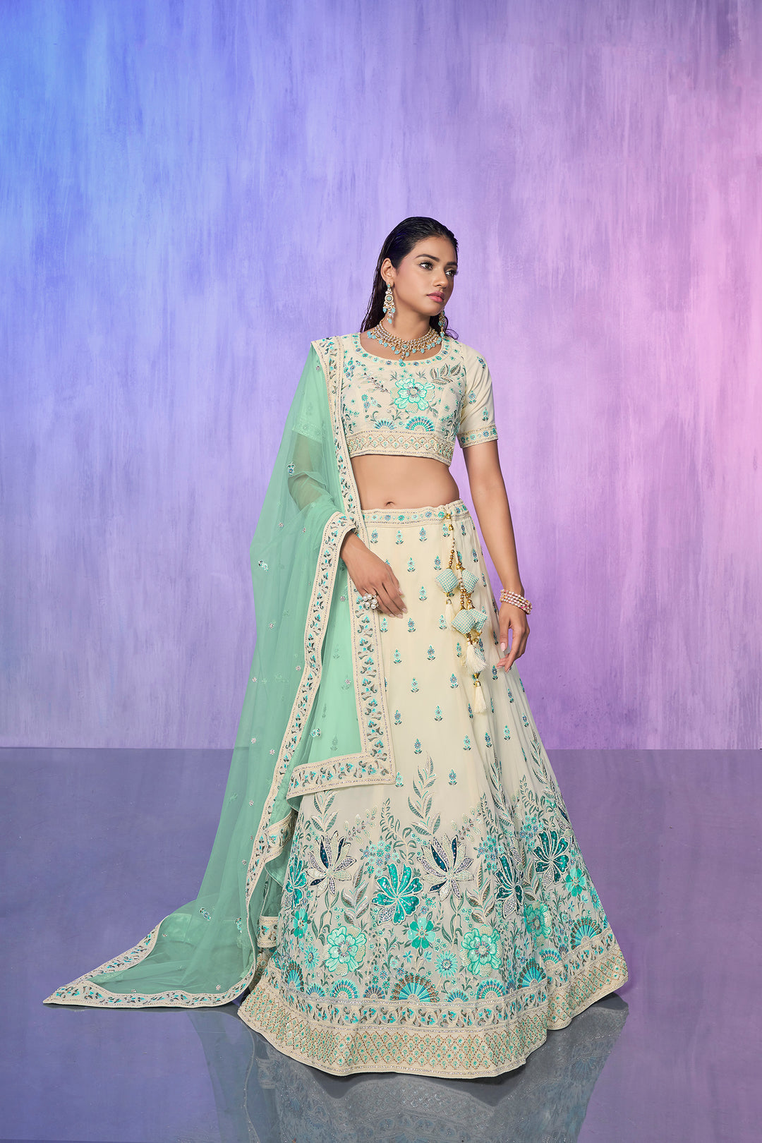 Off White Georgette Kalidar Lehenga Choli Set | Embroidered Wedding Wear