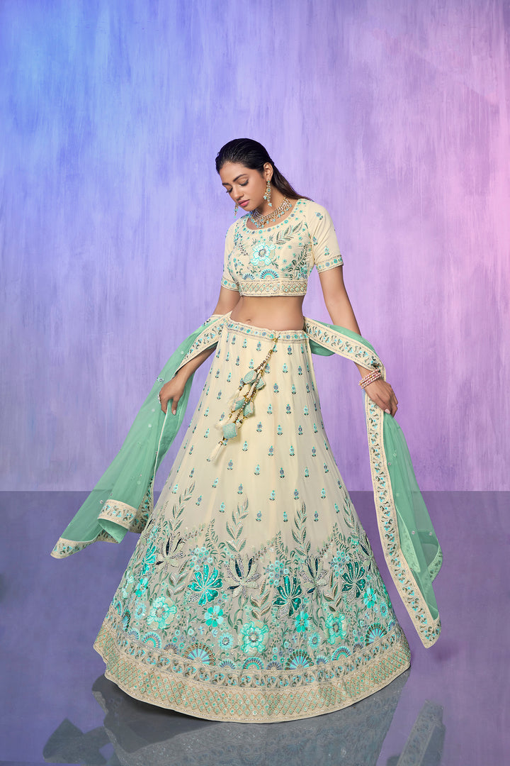 Off White Georgette Kalidar Lehenga Choli Set | Embroidered Wedding Wear