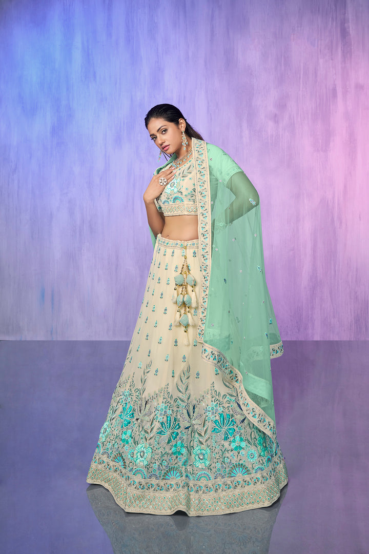 Off White Georgette Kalidar Lehenga Choli Set | Embroidered Wedding Wear