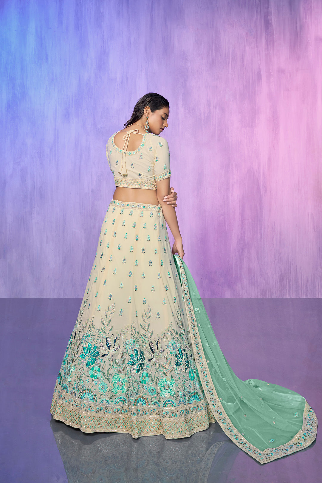 Off White Georgette Kalidar Lehenga Choli Set | Embroidered Wedding Wear