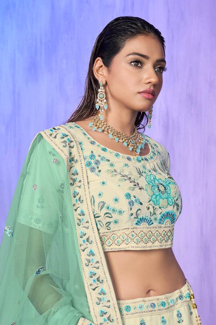 Off White Georgette Kalidar Lehenga Choli Set | Embroidered Wedding Wear