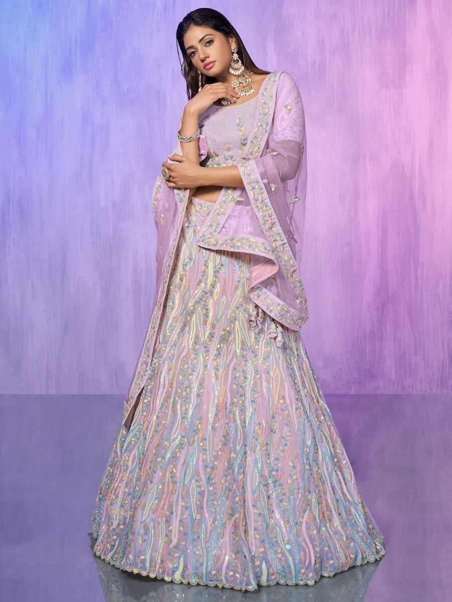 Alluring Lavender Organza Lehenga Choli | Intricate Embroidery & Stones