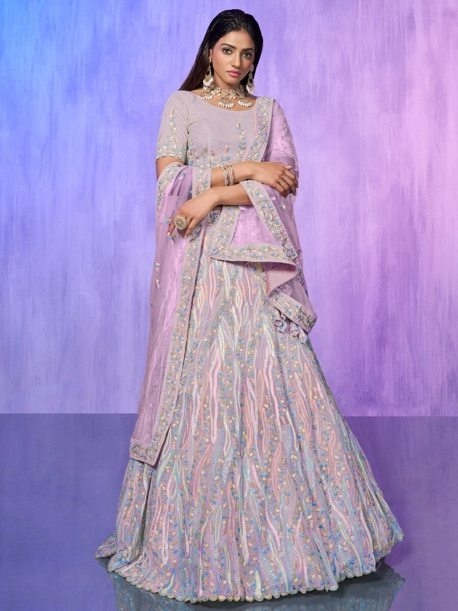 Alluring Lavender Organza Lehenga Choli | Intricate Embroidery & Stones