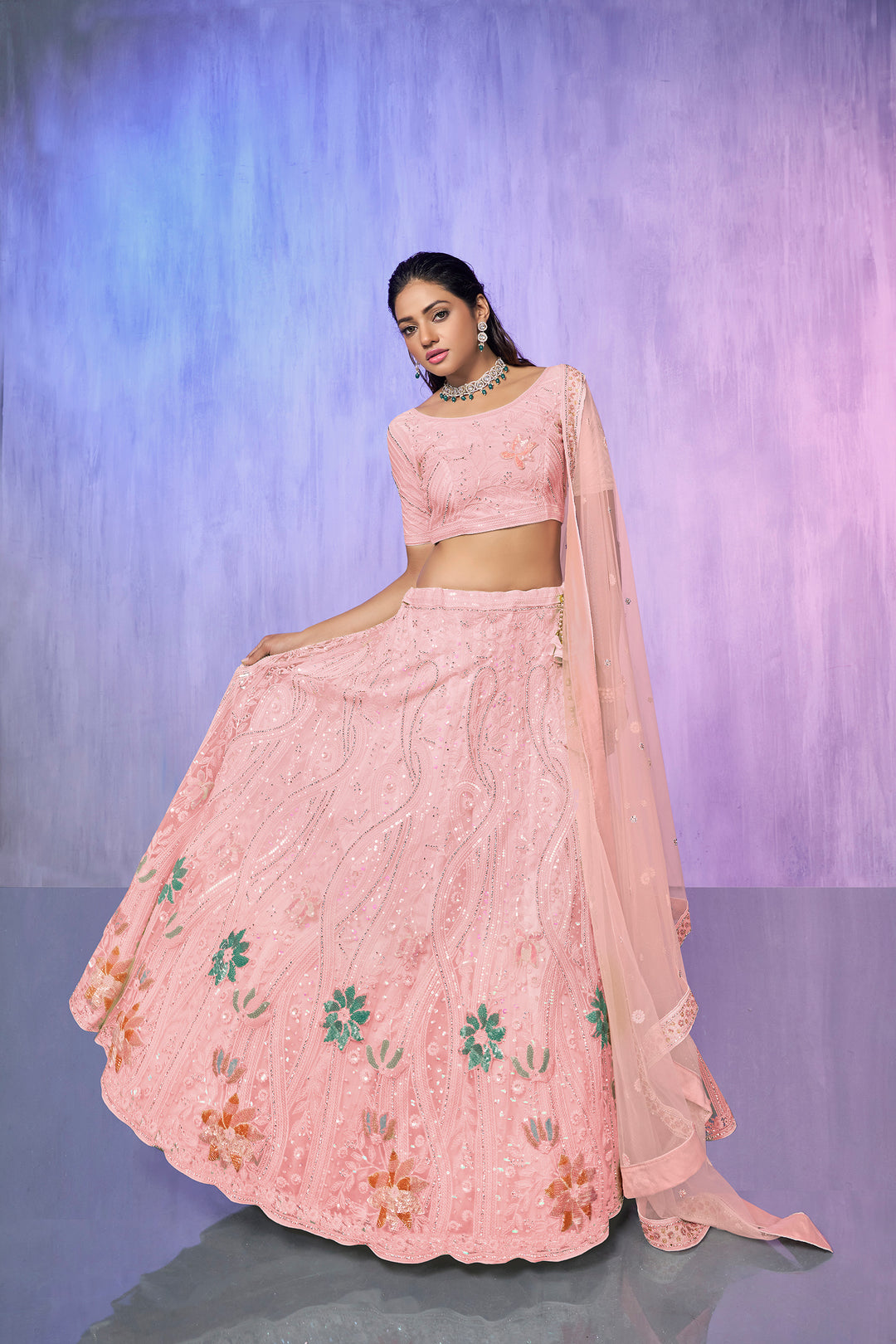 Women Embroidered Lehenga Choli Set | Semi-Stitched Lehenga & Blouse