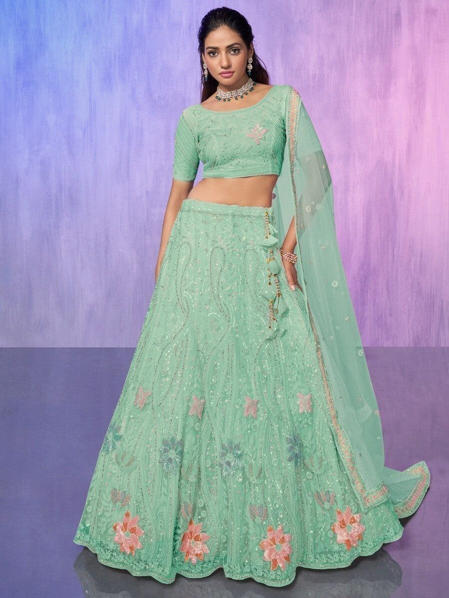 Party Wear Aqua Green Lehenga | Elegant Net Fabric with Dupatta