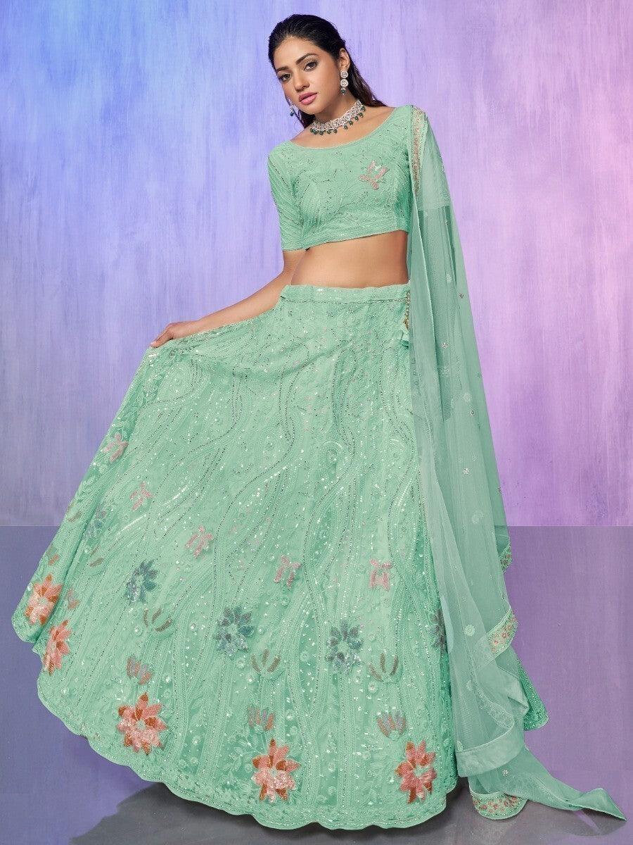 Party Wear Aqua Green Lehenga | Elegant Net Fabric with Dupatta