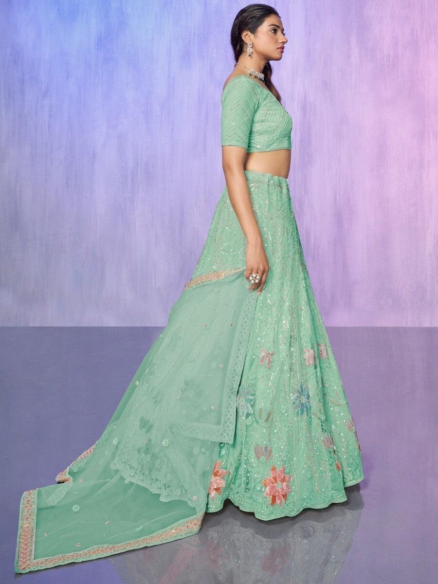 Party Wear Aqua Green Lehenga | Elegant Net Fabric with Dupatta