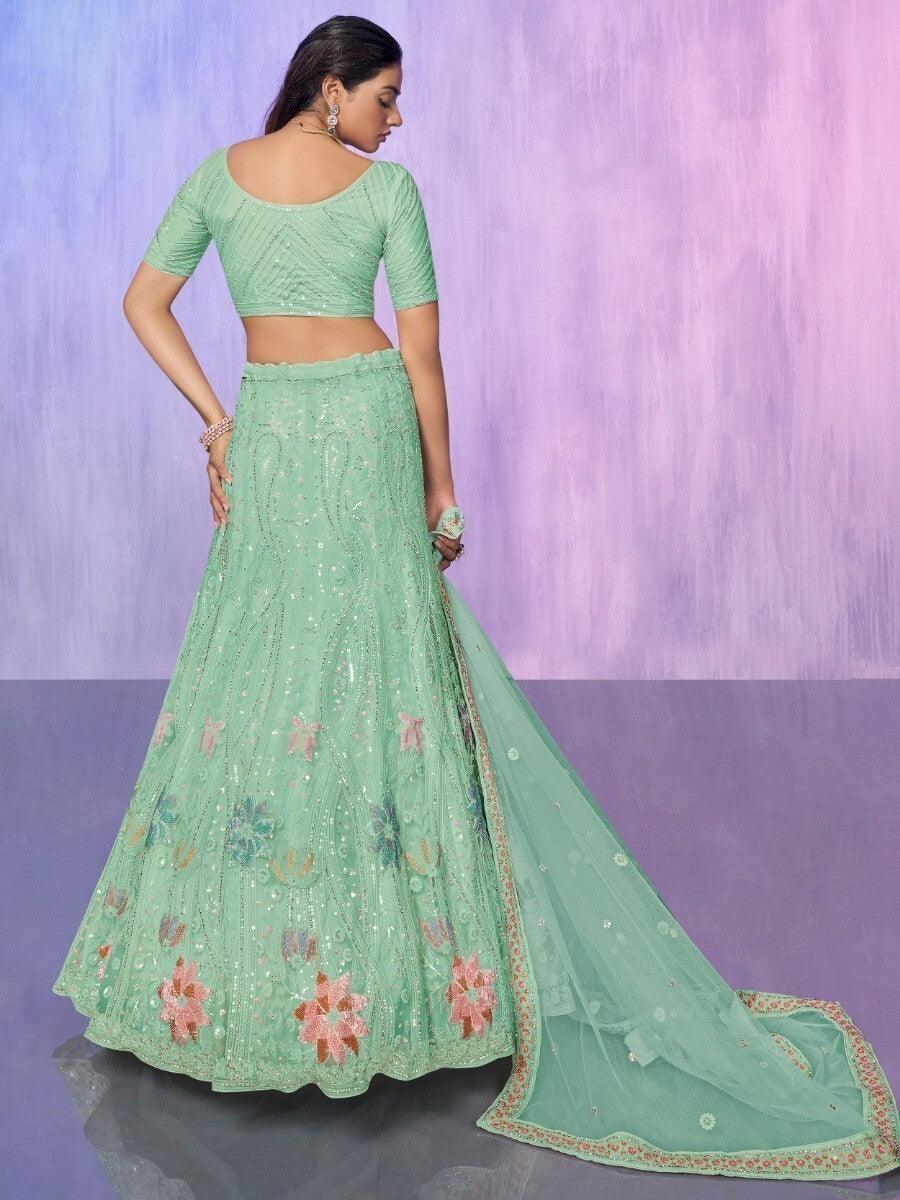 Party Wear Aqua Green Lehenga | Elegant Net Fabric with Dupatta