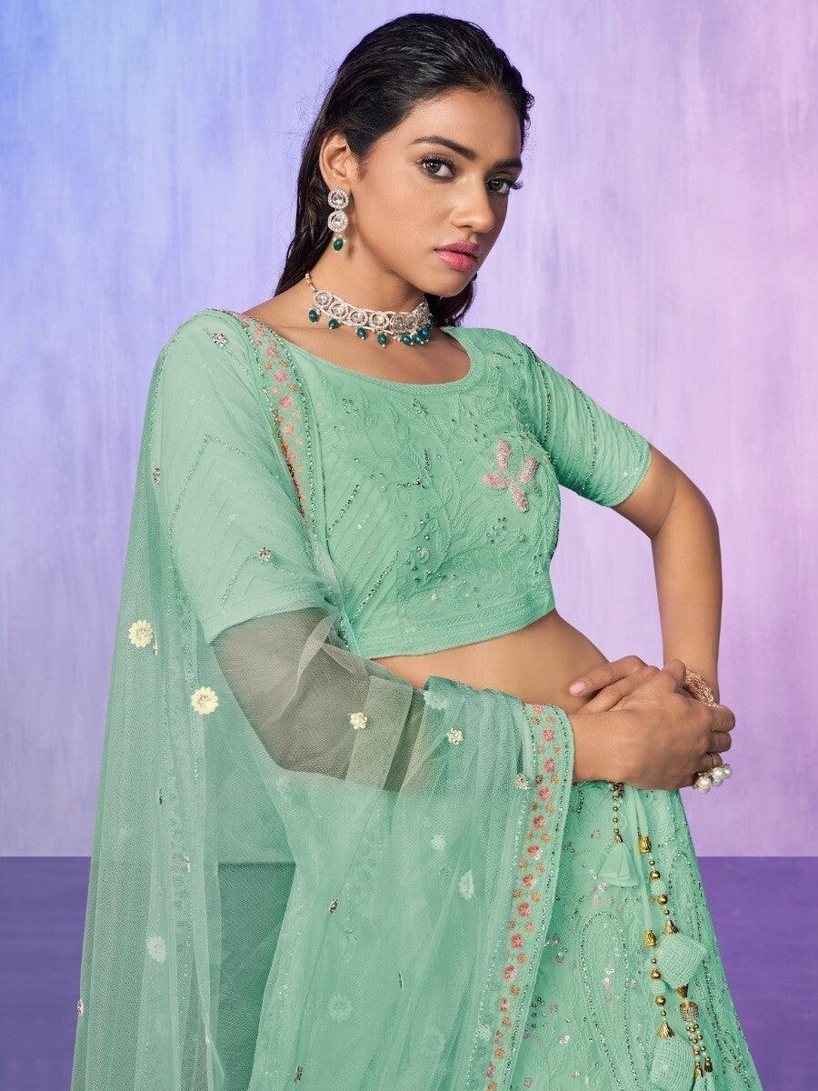 Party Wear Aqua Green Lehenga | Elegant Net Fabric with Dupatta