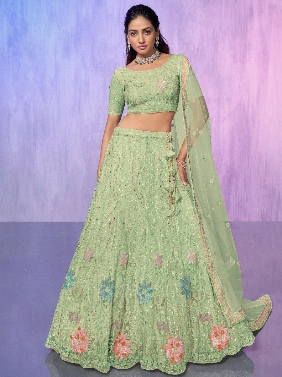 Fancified Sea Green Sequins Lehenga | Elegant Net Fabric with Dupatta