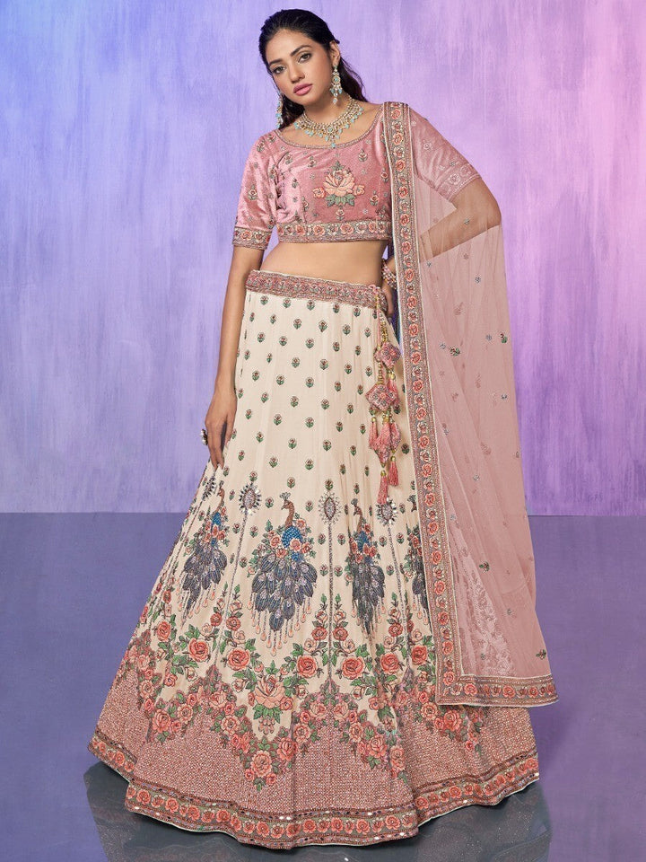 Pink Velvet & Off-White Lehenga | Intricate Embroidery & Stonework