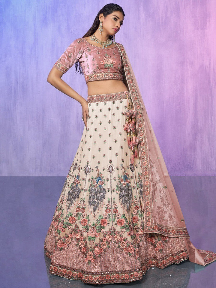 Pink Velvet & Off-White Lehenga | Intricate Embroidery & Stonework