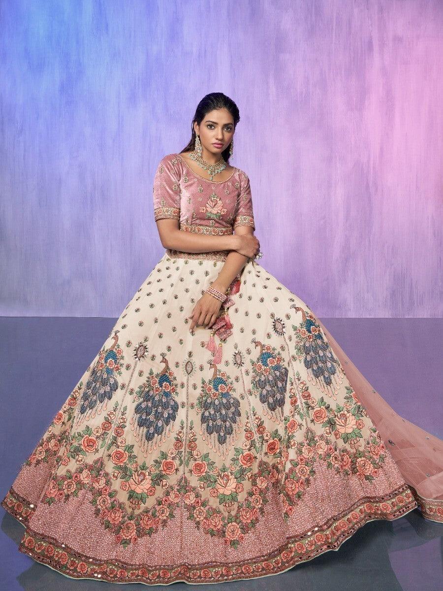 Pink Velvet & Off-White Lehenga | Intricate Embroidery & Stonework