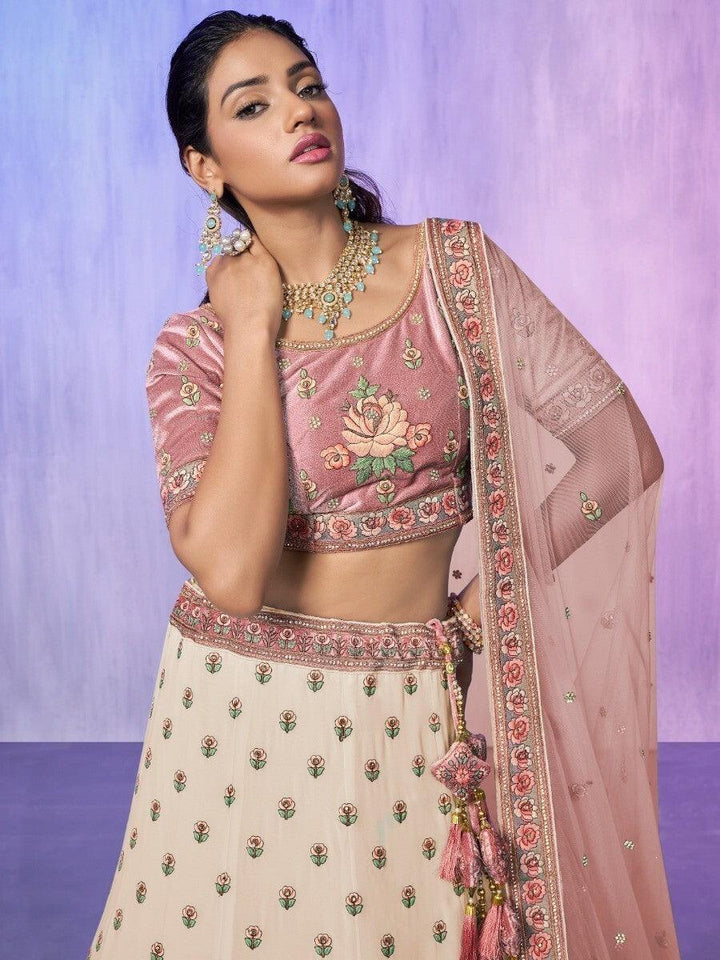 Pink Velvet & Off-White Lehenga | Intricate Embroidery & Stonework