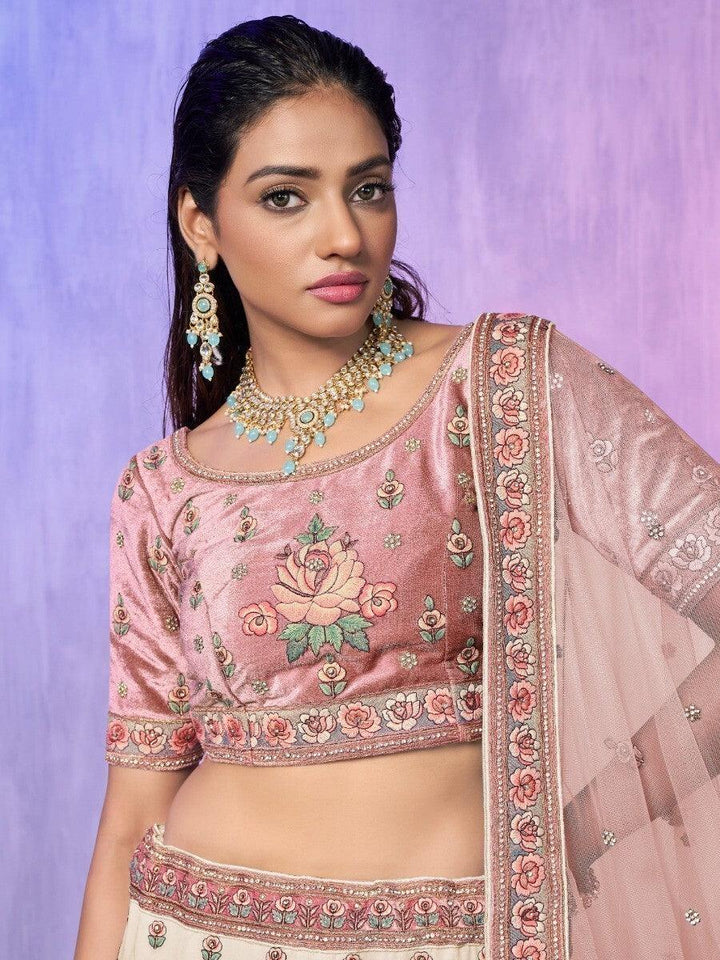 Pink Velvet & Off-White Lehenga | Intricate Embroidery & Stonework