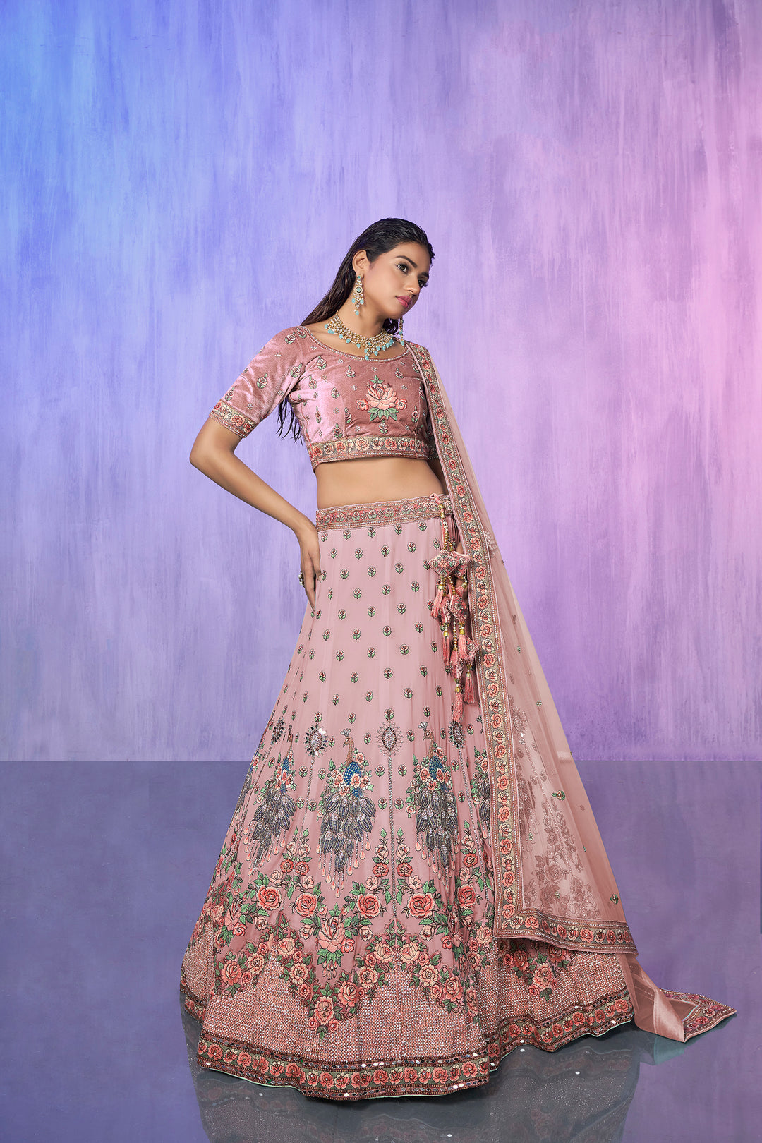 Velvet Embroidered Bridal Reception Lehenga Choli | Heavy Border Lehenga