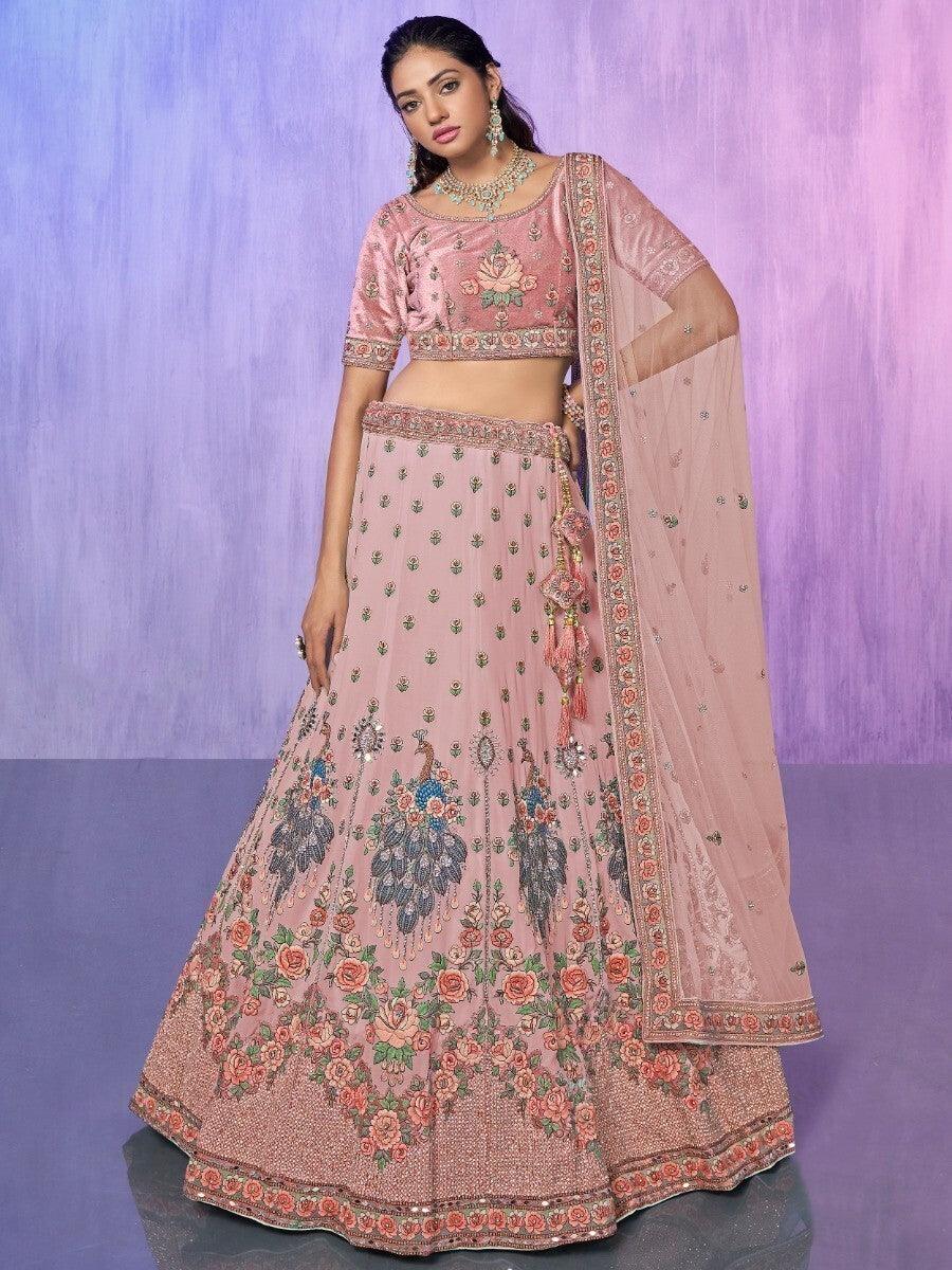 Peach Georgette Lehenga Choli | Luxury Embroidery & Velvet Choli