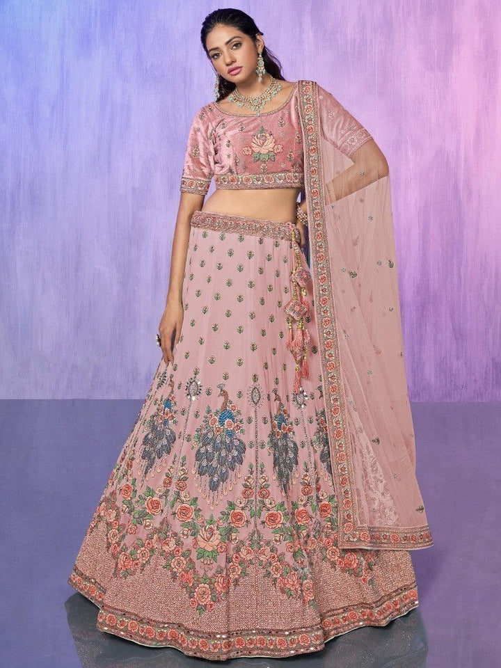 Peach Georgette Lehenga Choli | Luxury Embroidery & Velvet Choli