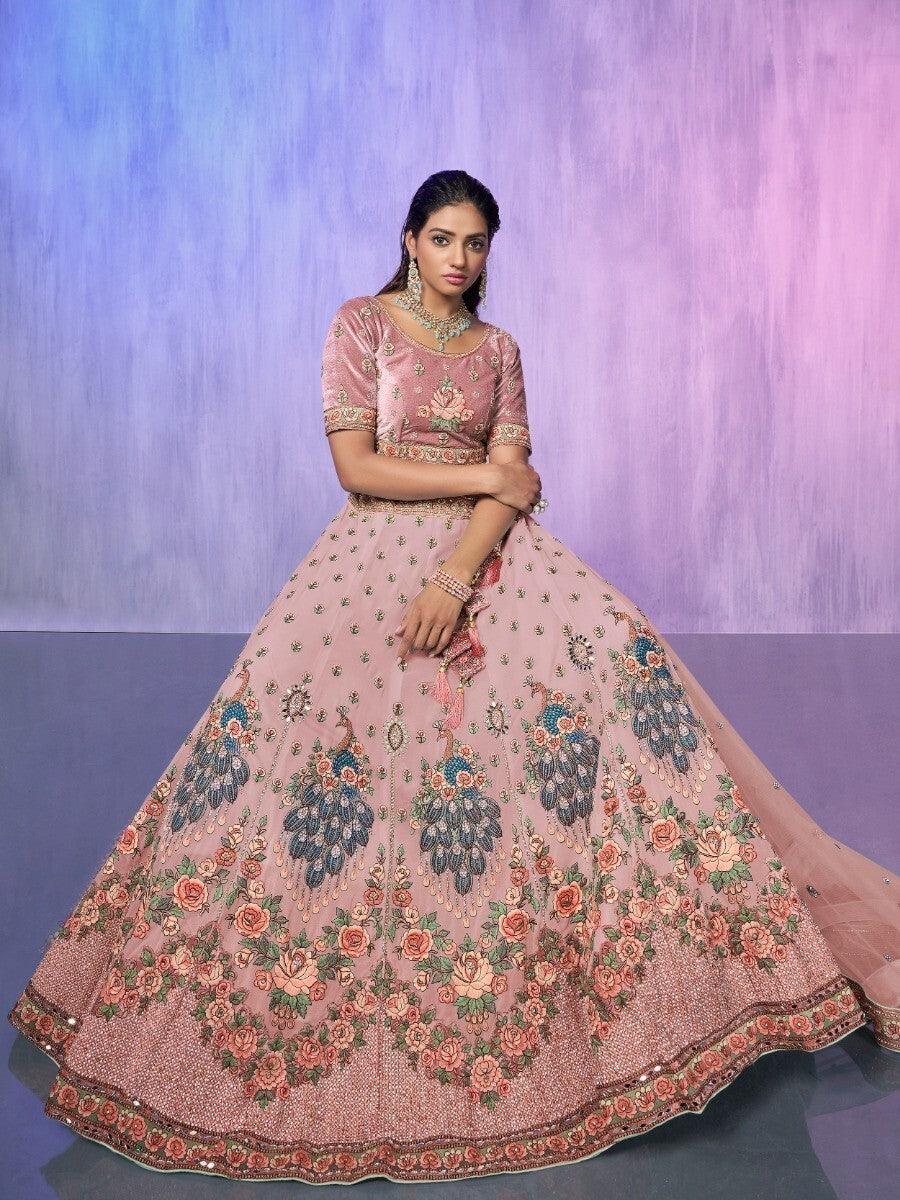 Peach Georgette Lehenga Choli | Luxury Embroidery & Velvet Choli