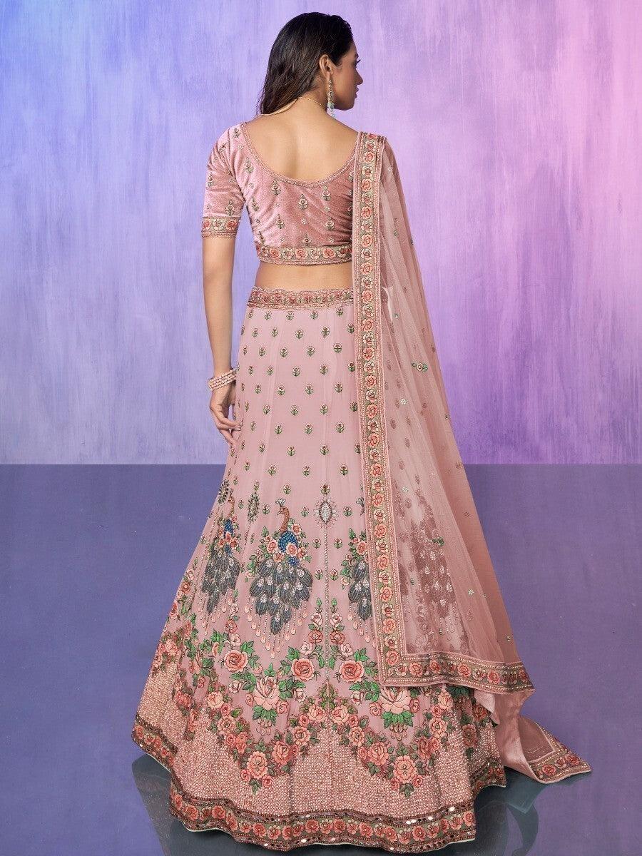 Peach Georgette Lehenga Choli | Luxury Embroidery & Velvet Choli