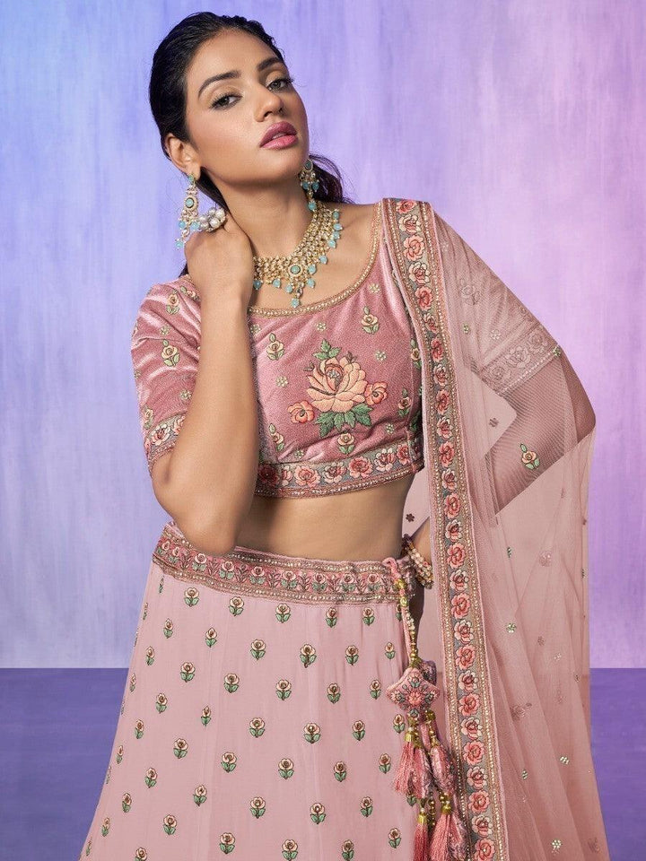 Peach Georgette Lehenga Choli | Luxury Embroidery & Velvet Choli