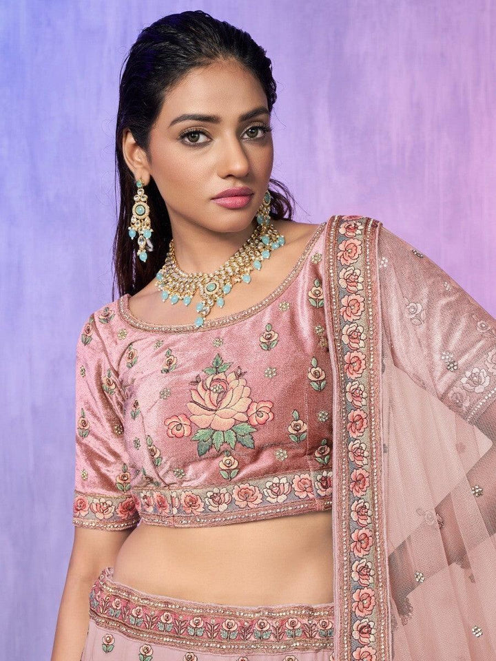 Peach Georgette Lehenga Choli | Luxury Embroidery & Velvet Choli