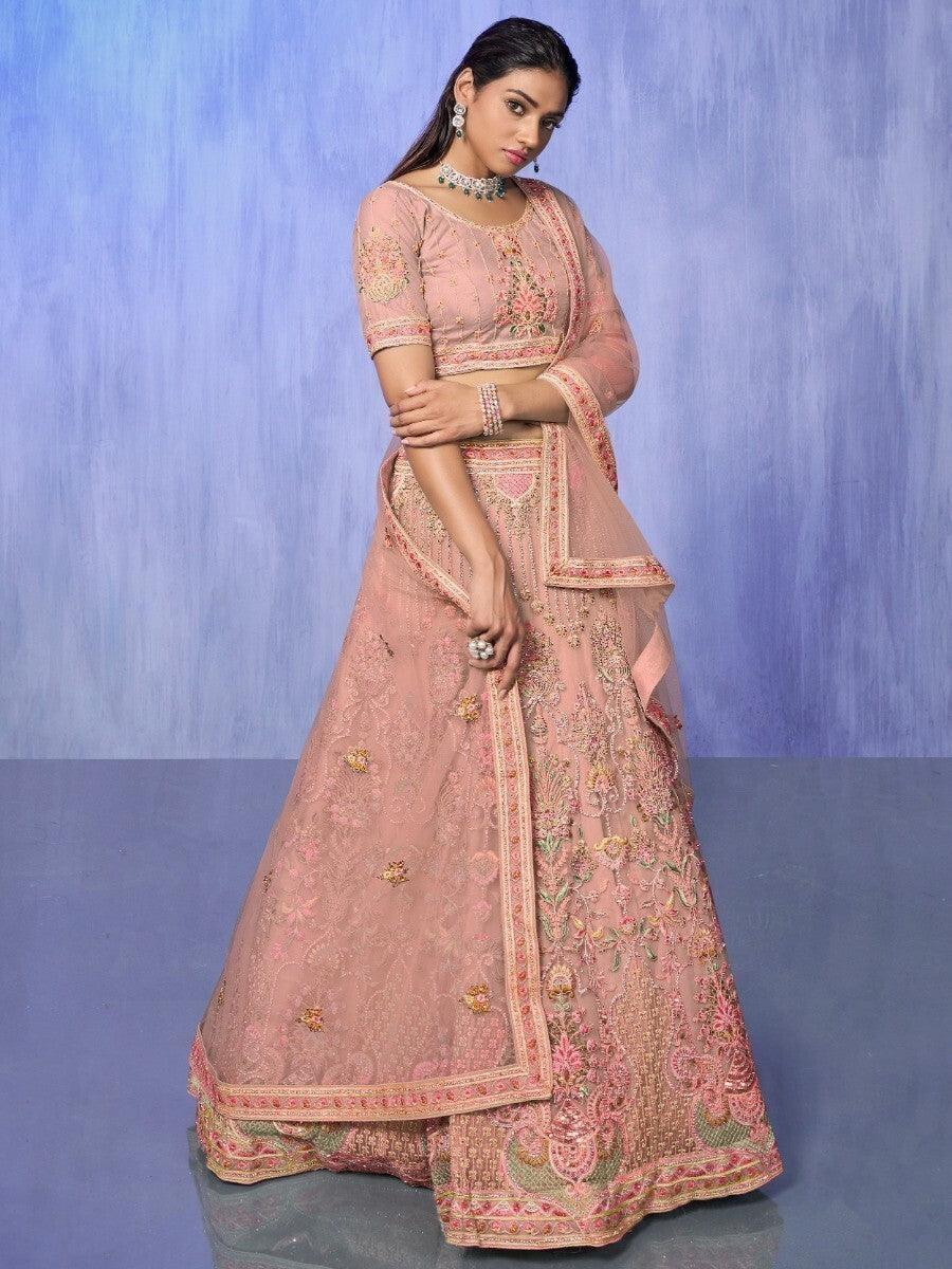 Adorable Peach Lehenga Set | Embroidered Net with Dupatta & Choli