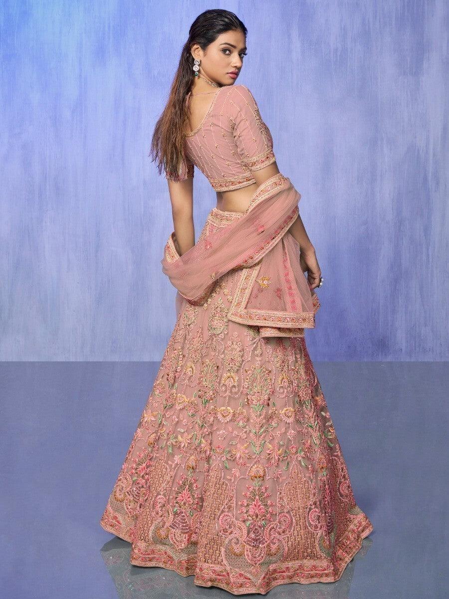 Adorable Peach Lehenga Set | Embroidered Net with Dupatta & Choli