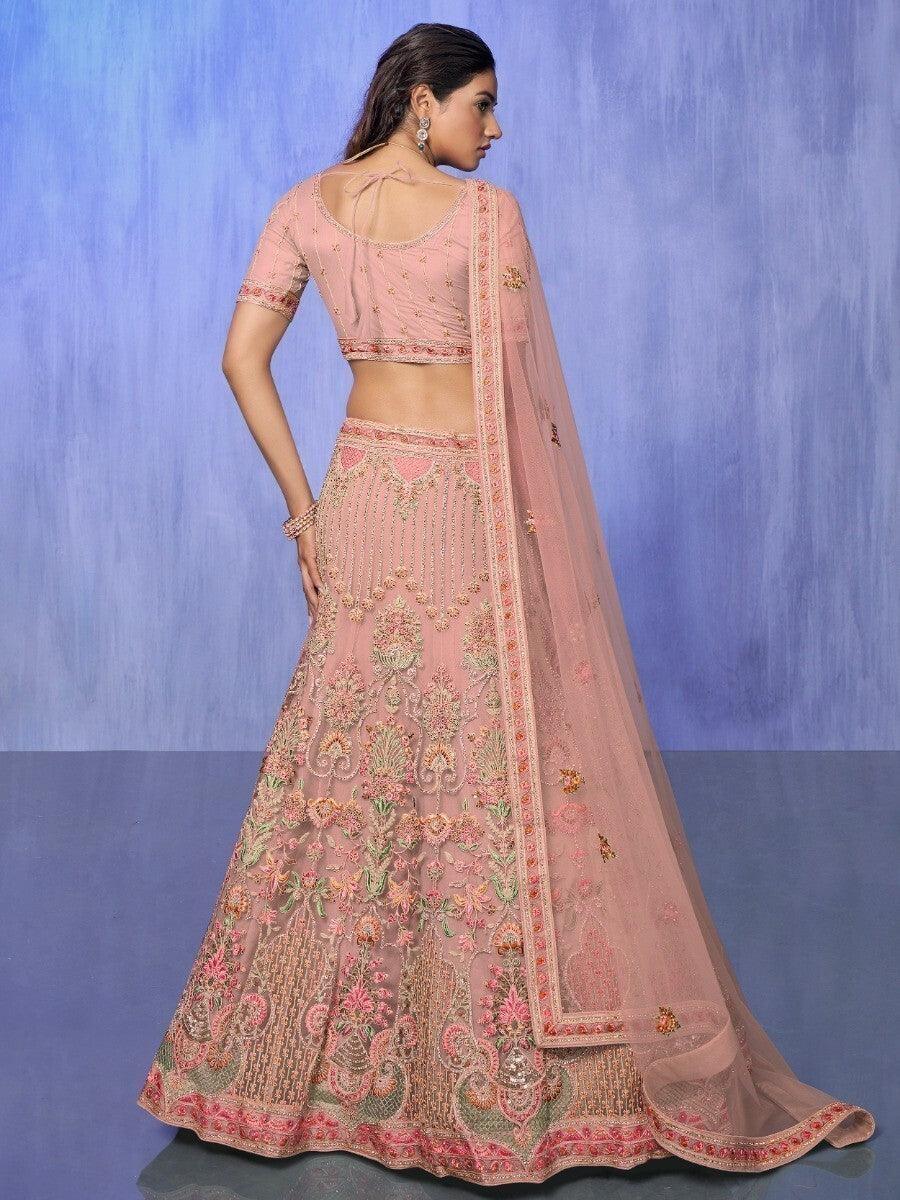 Adorable Peach Lehenga Set | Embroidered Net with Dupatta & Choli