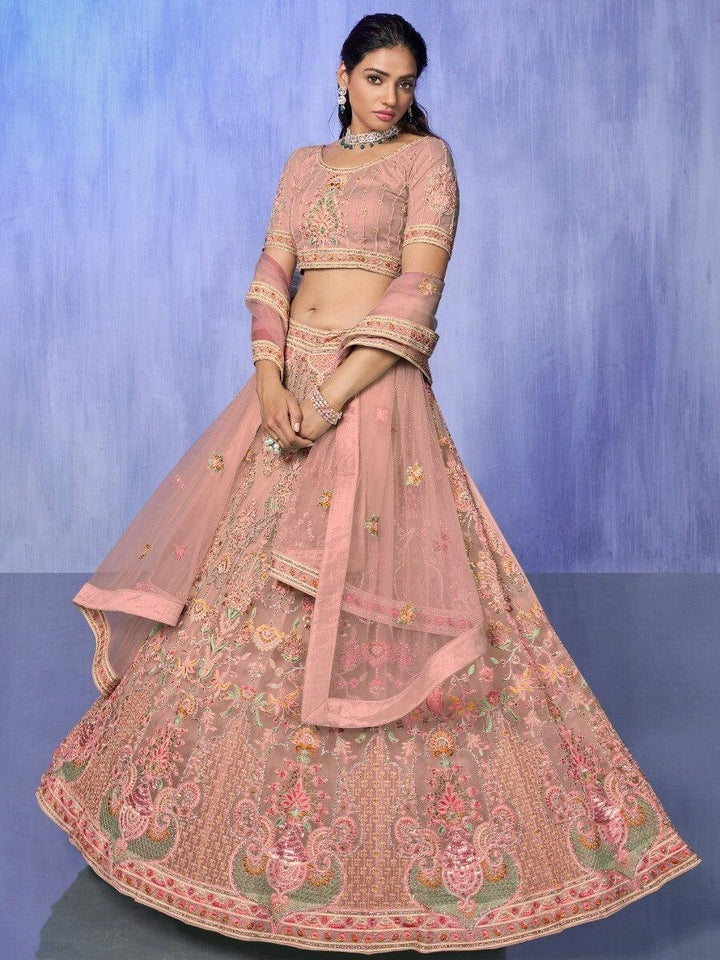 Adorable Peach Lehenga Set | Embroidered Net with Dupatta & Choli