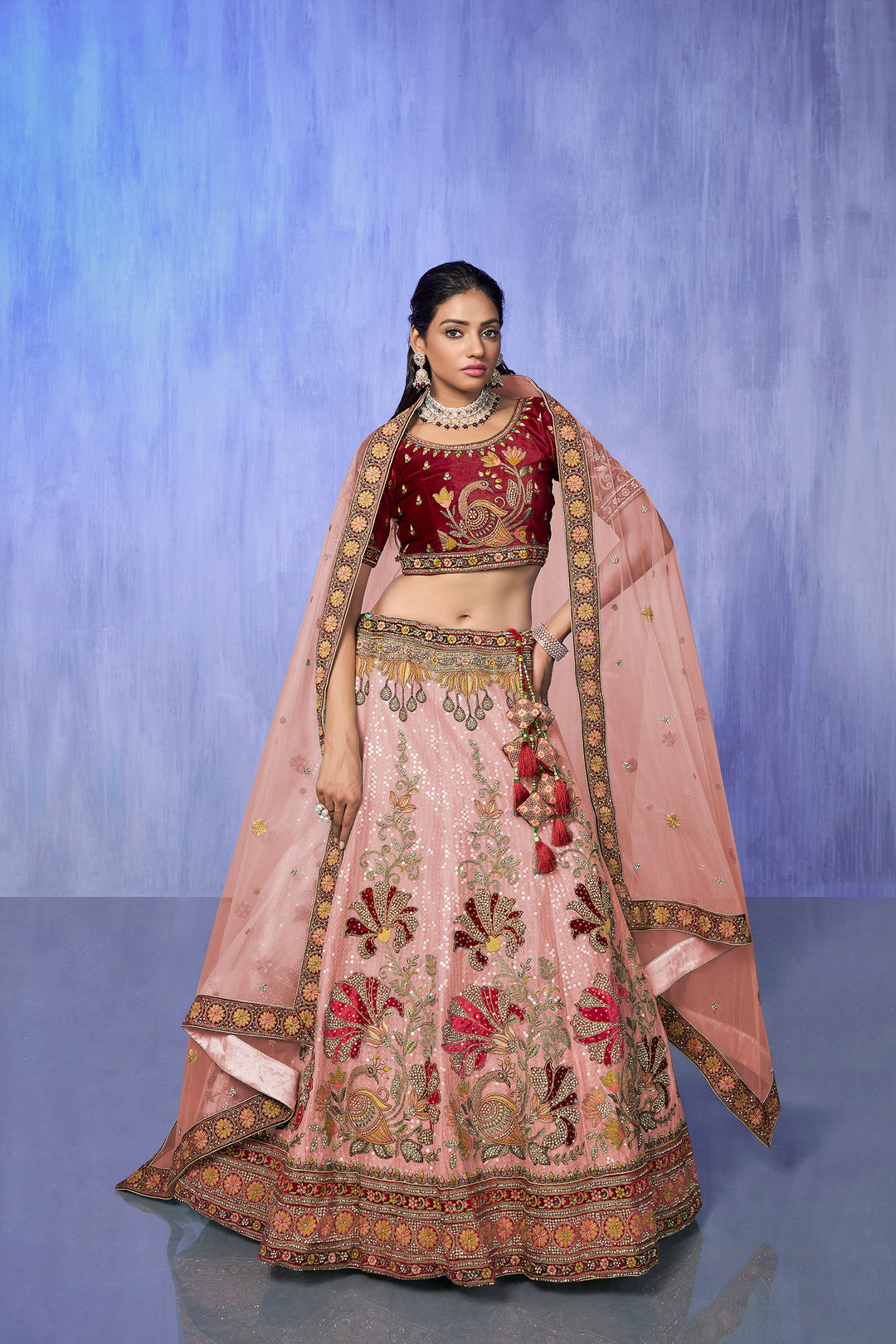 Velvet Lehenga Choli Set | Embroidered Party Wear Lehenga for Wedding