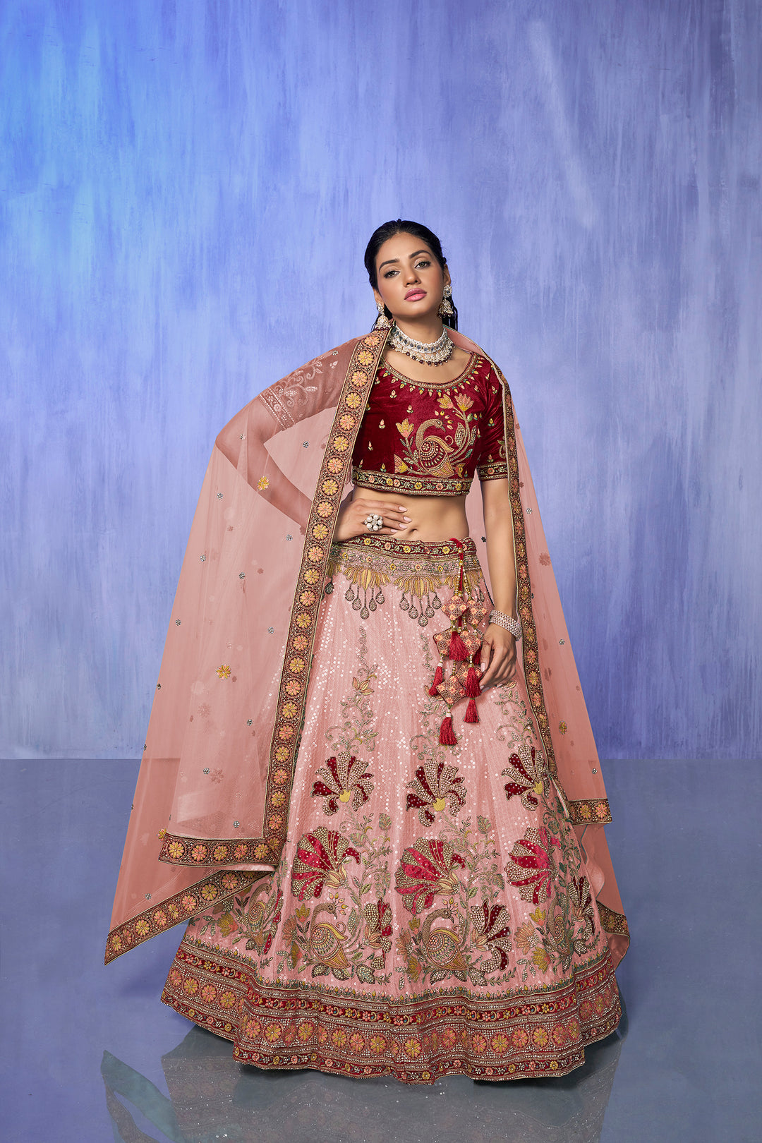 Velvet Lehenga Choli Set | Embroidered Party Wear Lehenga for Wedding