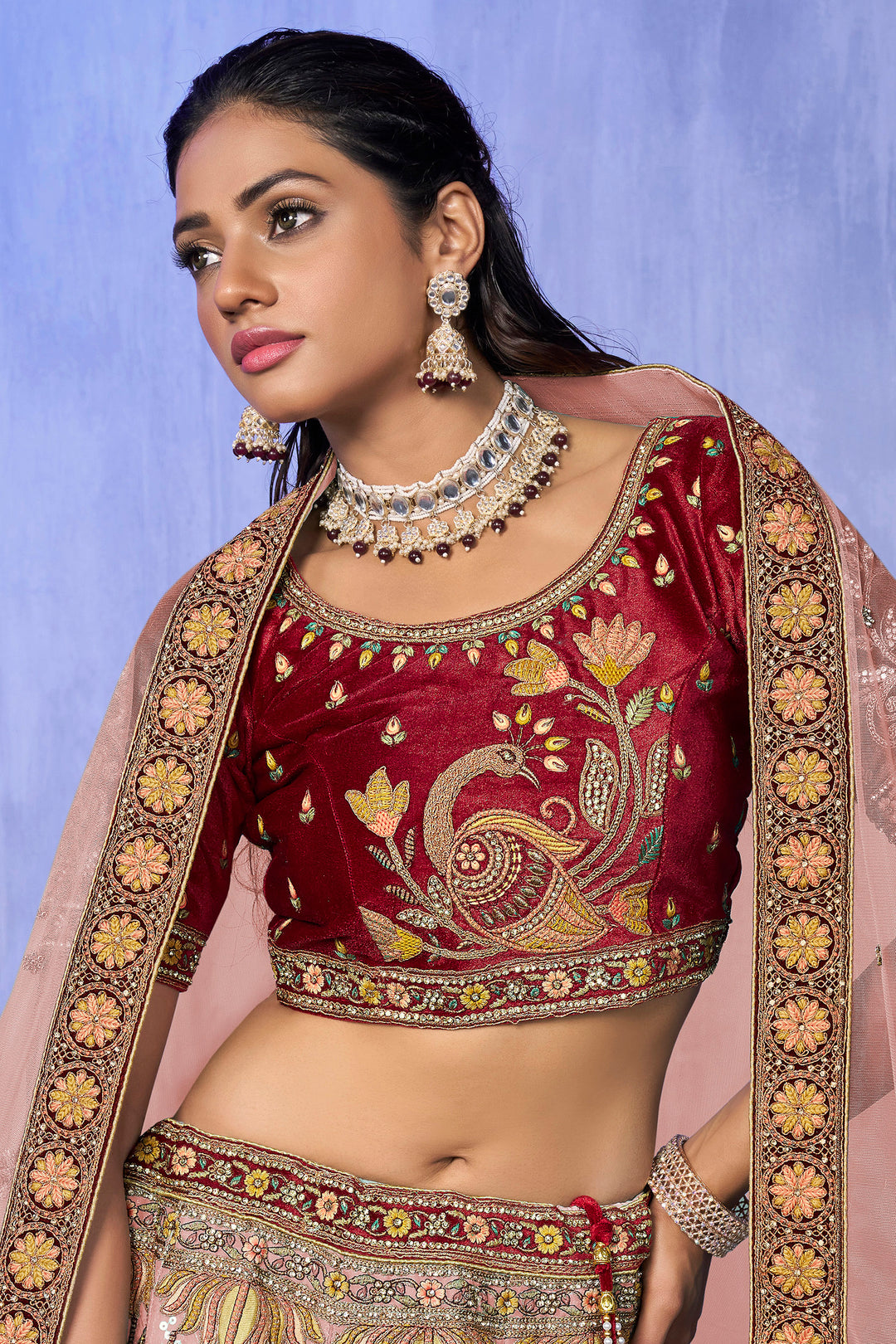 Velvet Lehenga Choli Set | Embroidered Party Wear Lehenga for Wedding