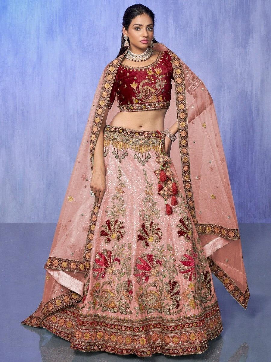 Gorgeous Peach Lehenga Choli | Embroidered Velvet with Zari Work