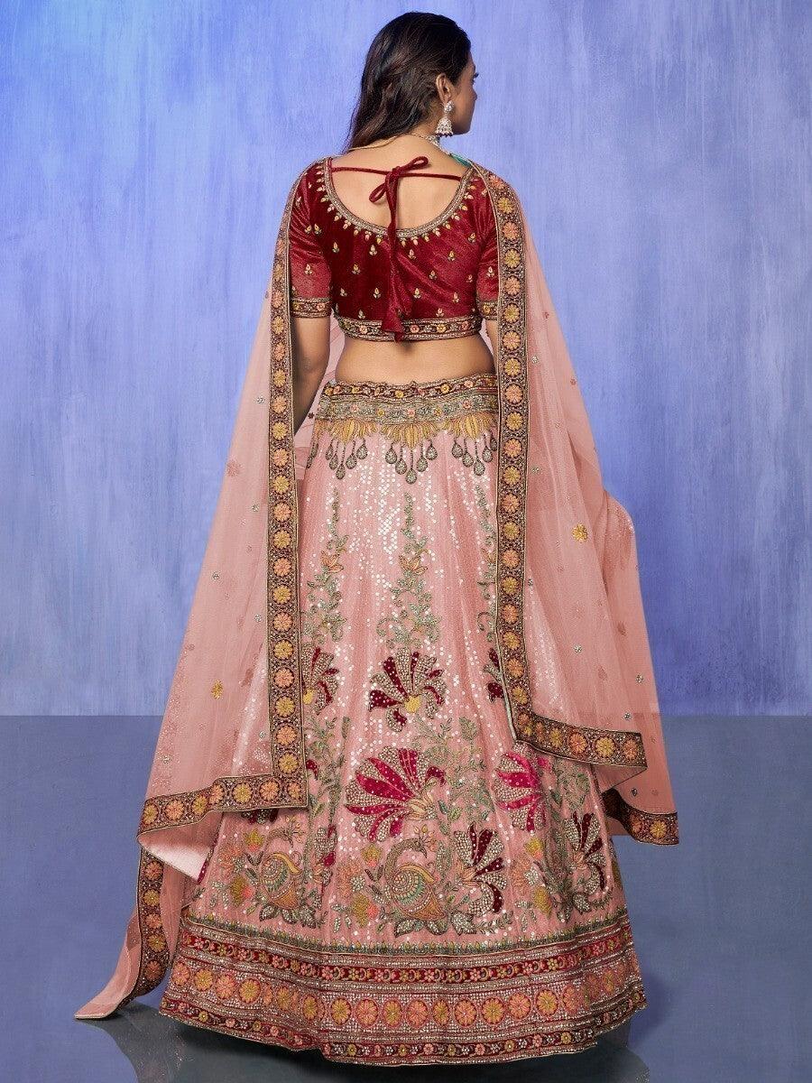 Gorgeous Peach Lehenga Choli | Embroidered Velvet with Zari Work