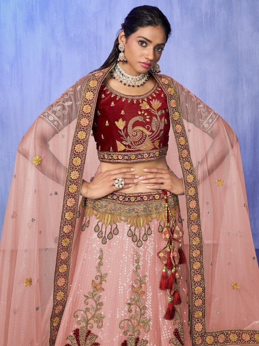 Gorgeous Peach Lehenga Choli | Embroidered Velvet with Zari Work