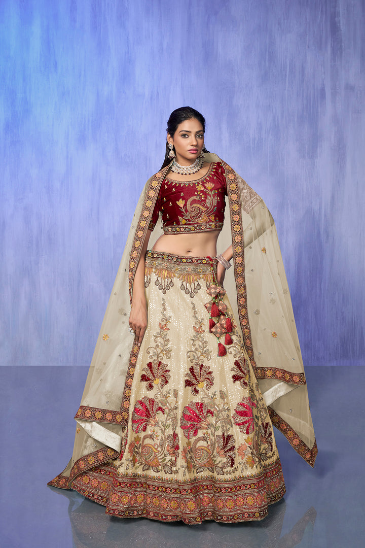 Velvet Lehenga Choli Set | Embroidered Party Wear Lehenga for Wedding