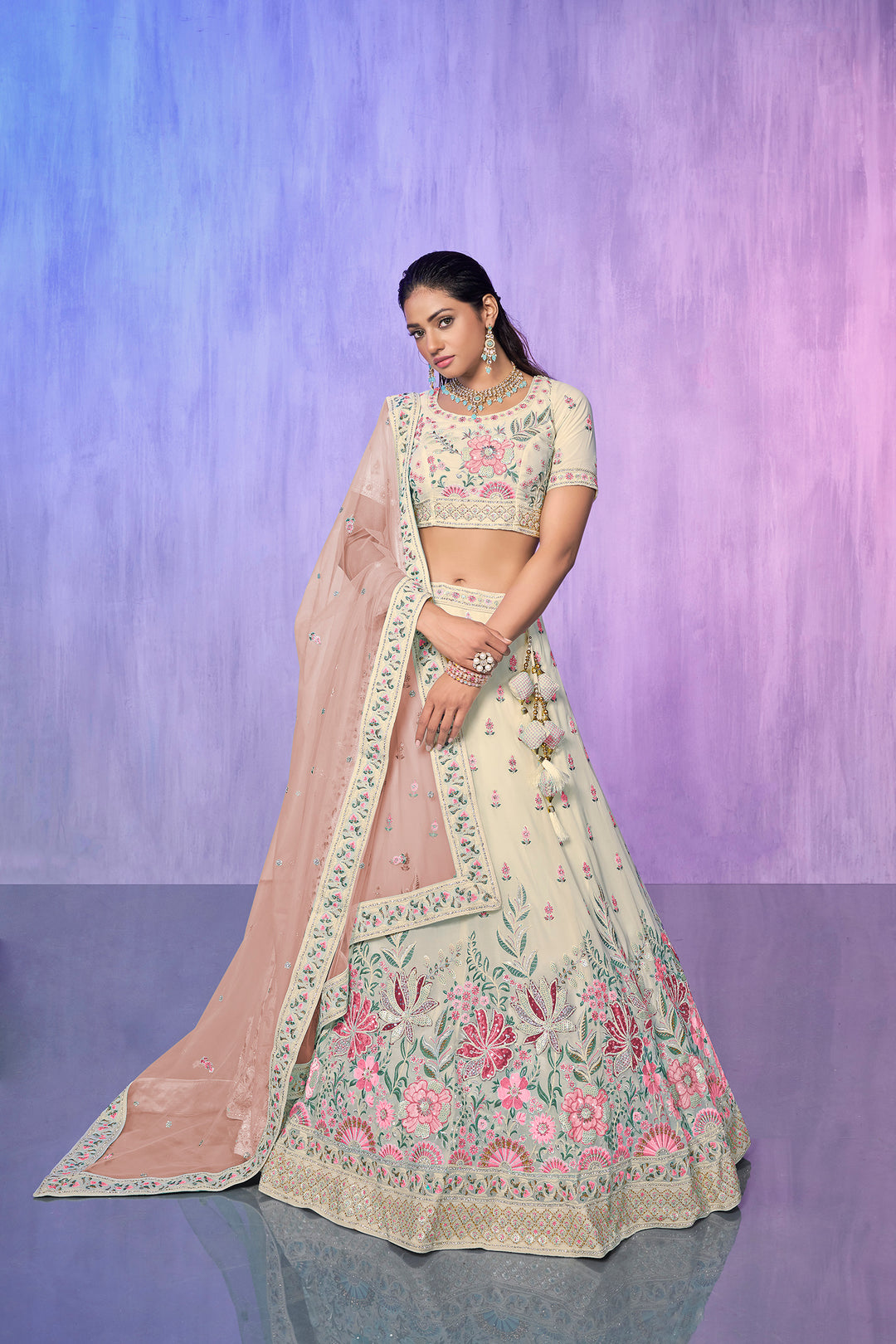 Off White Georgette Kalidar Lehenga Choli Set | Embroidered Wedding Wear