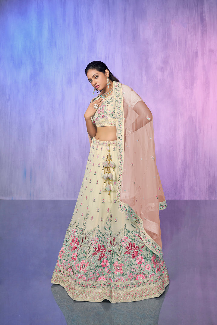 Off White Georgette Kalidar Lehenga Choli Set | Embroidered Wedding Wear