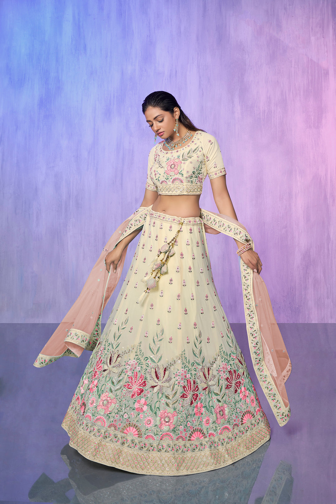 Off White Georgette Kalidar Lehenga Choli Set | Embroidered Wedding Wear