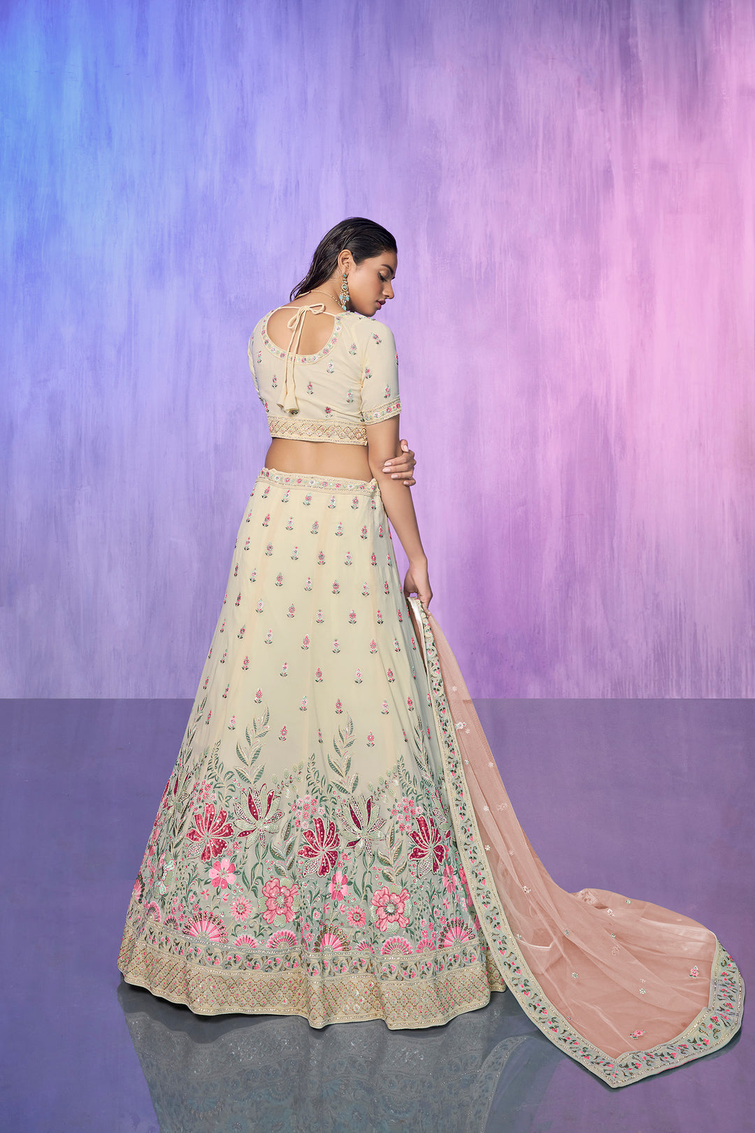 Off White Georgette Kalidar Lehenga Choli Set | Embroidered Wedding Wear