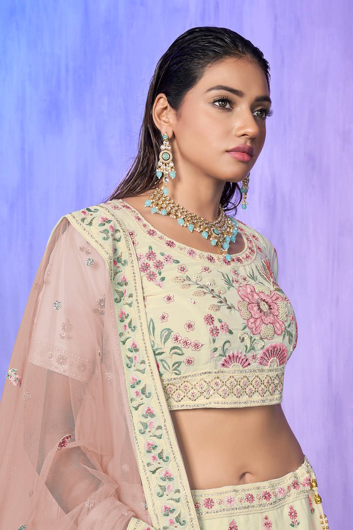 Off White Georgette Kalidar Lehenga Choli Set | Embroidered Wedding Wear