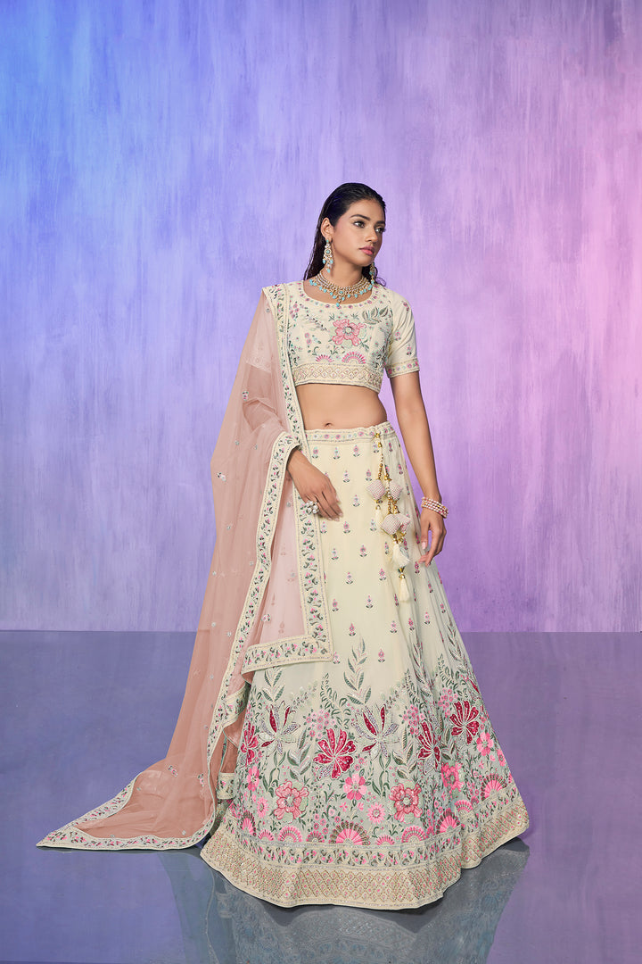 Off White Georgette Kalidar Lehenga Choli Set | Embroidered Wedding Wear