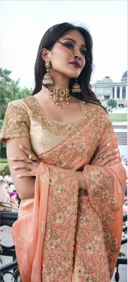 Elegant Peach Tissue Silk Saree | Intricate Zari Work & Mirror Detailing