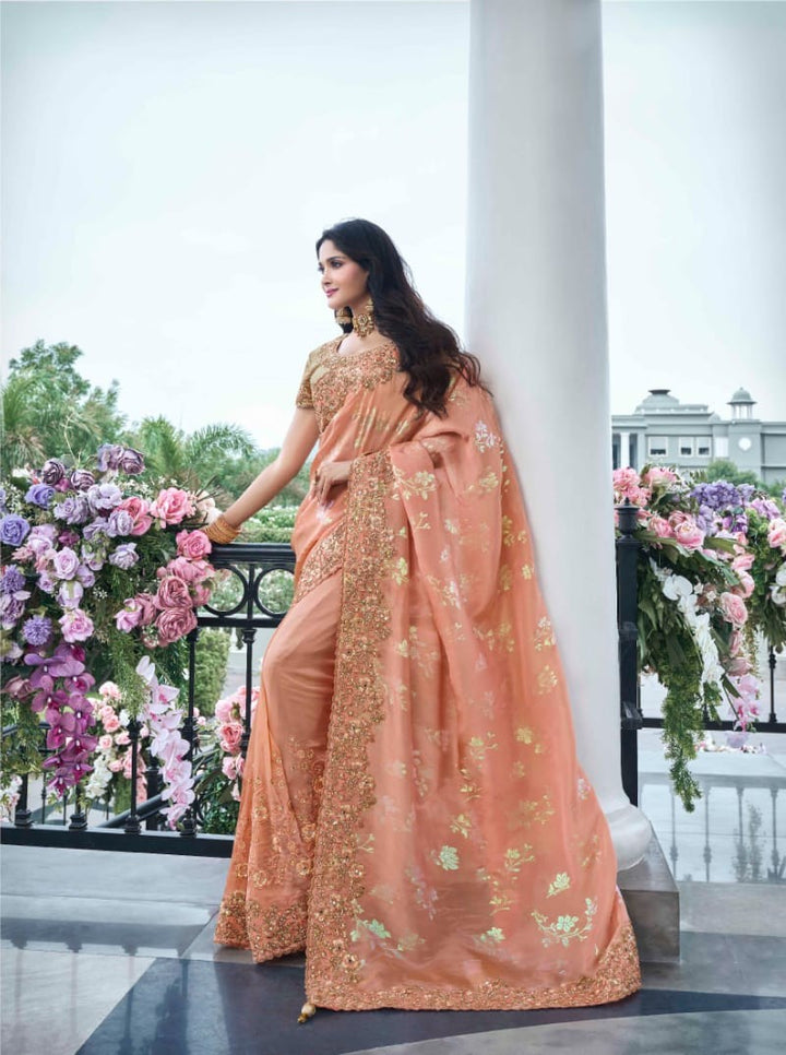 Elegant Peach Tissue Silk Saree | Intricate Zari Work & Mirror Detailing