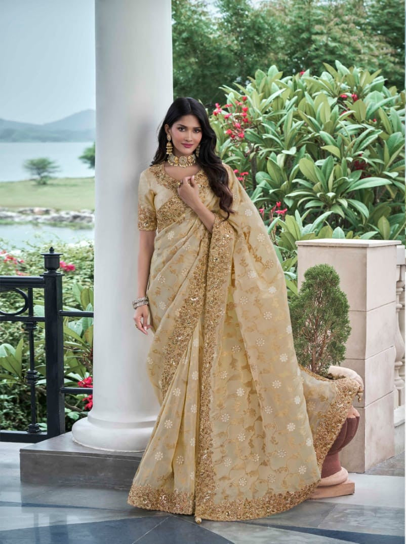 Graceful Cream Tissue Silk Saree | Stunning Zari & Mirror Embellishments