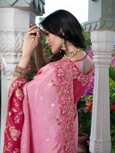 Charming Pink Tissue Silk Saree | Dori Embroidery & Stone Accents for Weddings