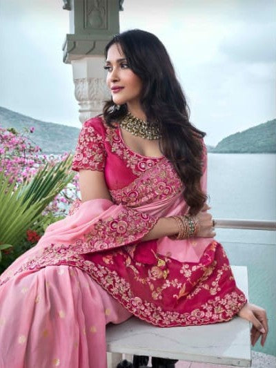 Charming Pink Tissue Silk Saree | Dori Embroidery & Stone Accents for Weddings